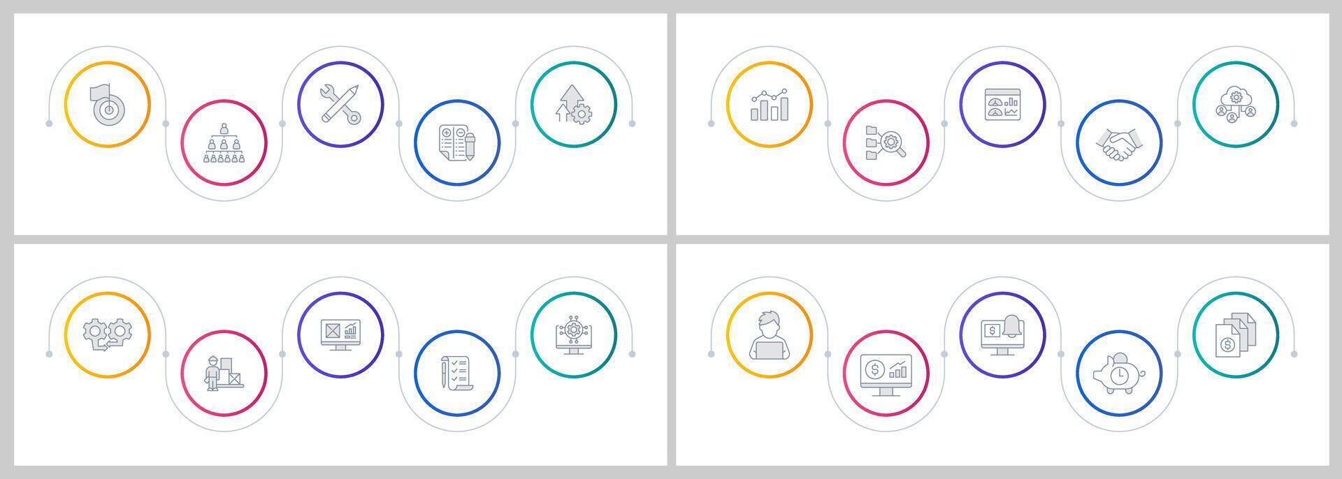 Business efficiency management infographics circles set. Workflow organization, productivity. Editable thin line icons diagrams process with steps collection vector