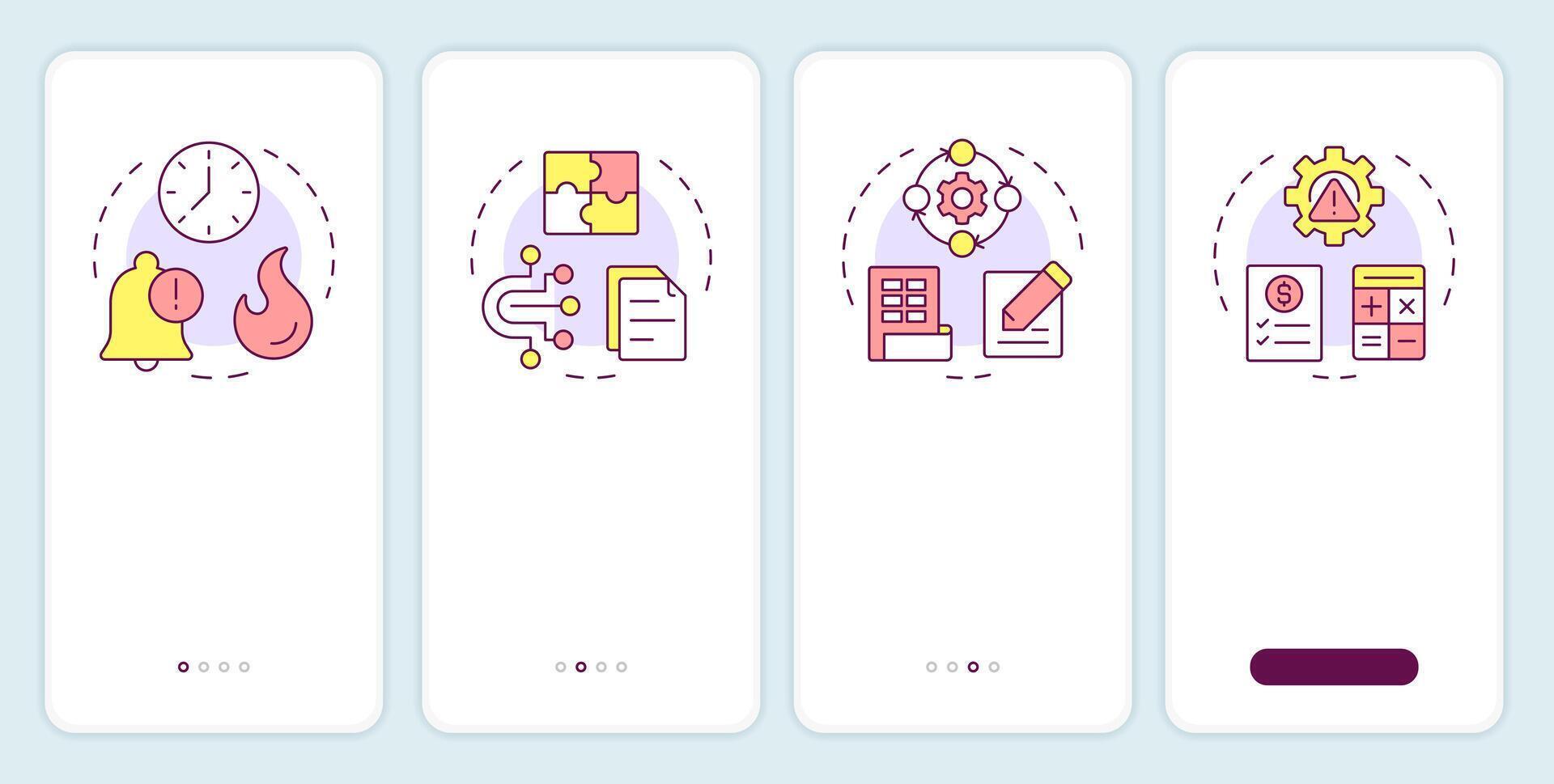 Financial close challenges onboarding mobile app screen. Walkthrough 4 steps editable graphic instructions with linear concepts. UI, UX, GUI template vector