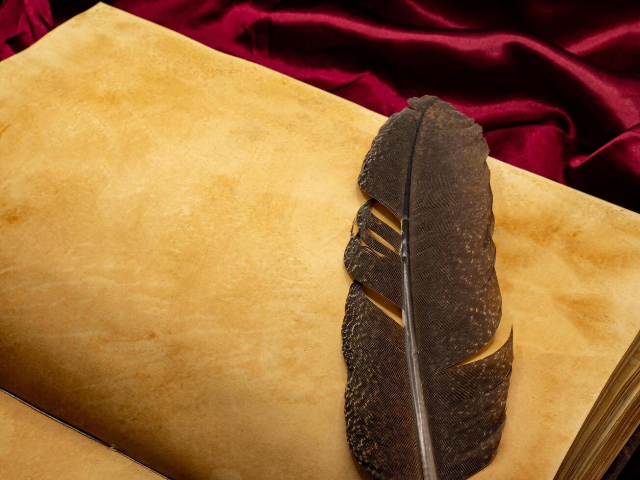 an old medieval book with a blank page open on a table and a writing pen on top of it photo