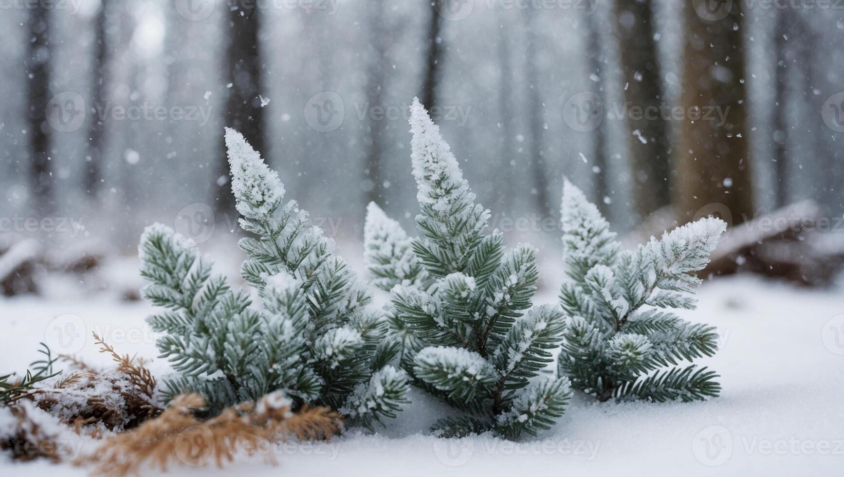 A snow-covered pine leaf in a winter forest with a soft, blurred background of a snow-dusted forest . photo