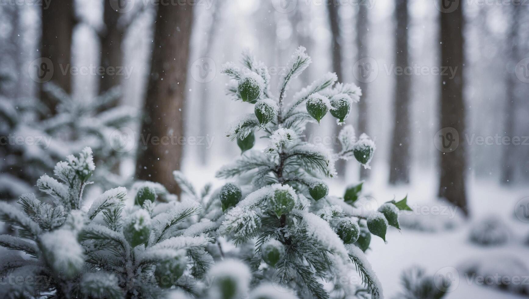 A snow-covered pine leaf in a winter forest with a soft, blurred background of a snow-dusted forest . photo