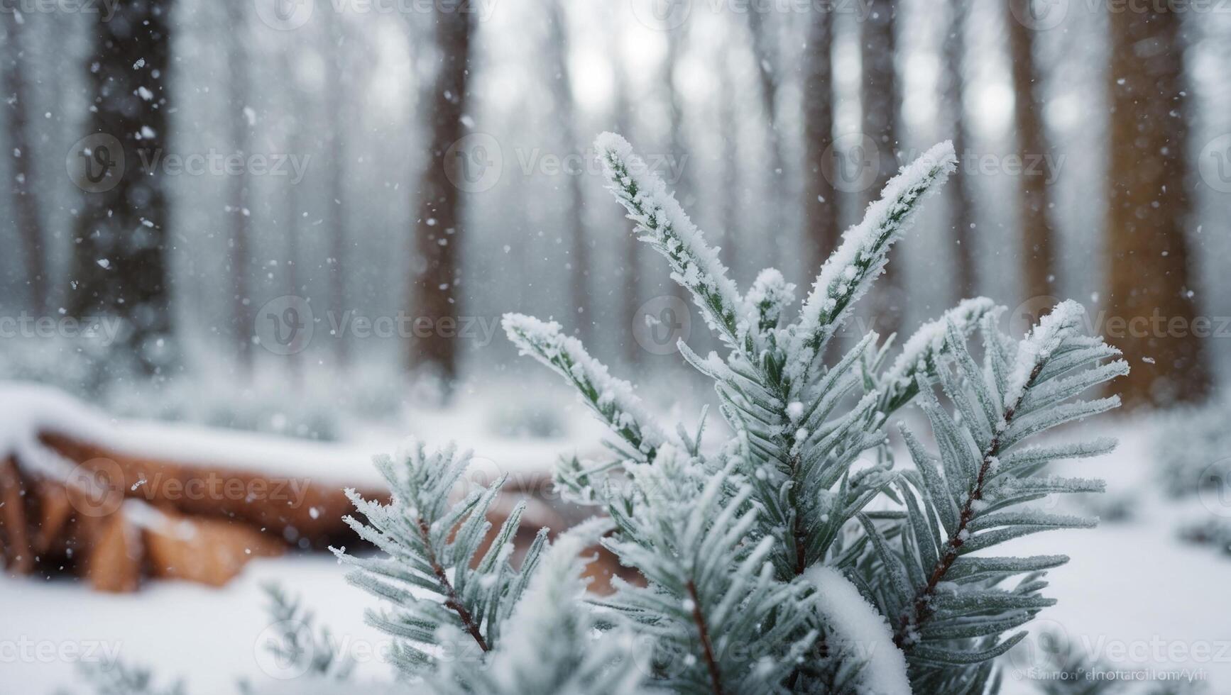 A snow-covered pine leaf in a winter forest with a soft, blurred background of a snow-dusted forest . photo