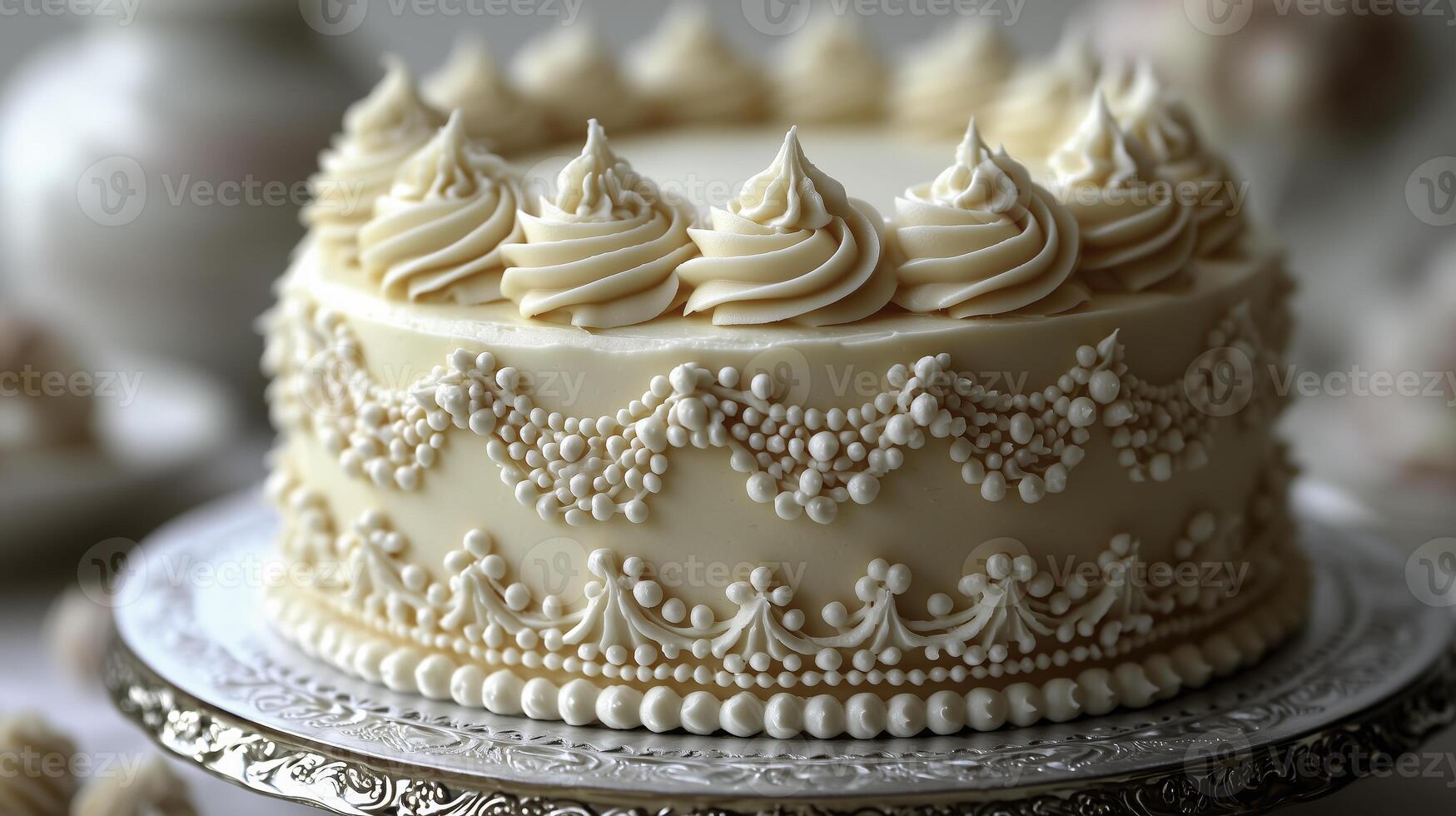 Elegant wedding cake decorated with intricate icing indoor setting food photography romantic atmosphere close-up view culinary artistry photo