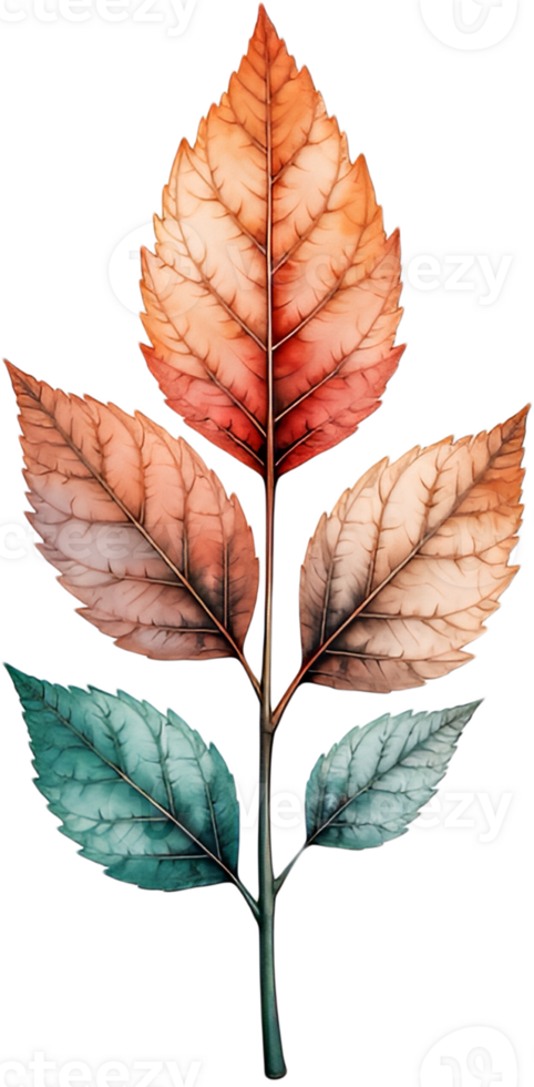 A watercolor drawing of a leaf with red, orange and green leaves png