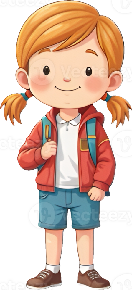 A cartoon girl with a backpack and red jacket png