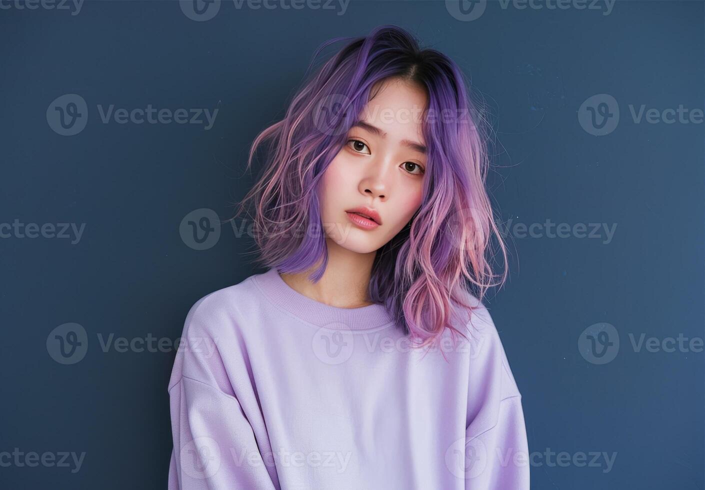 Young asian girl with pink hair. Beauty female person. Concept of makeup and cosmetology skincare. Portrait of japanese woman model photo