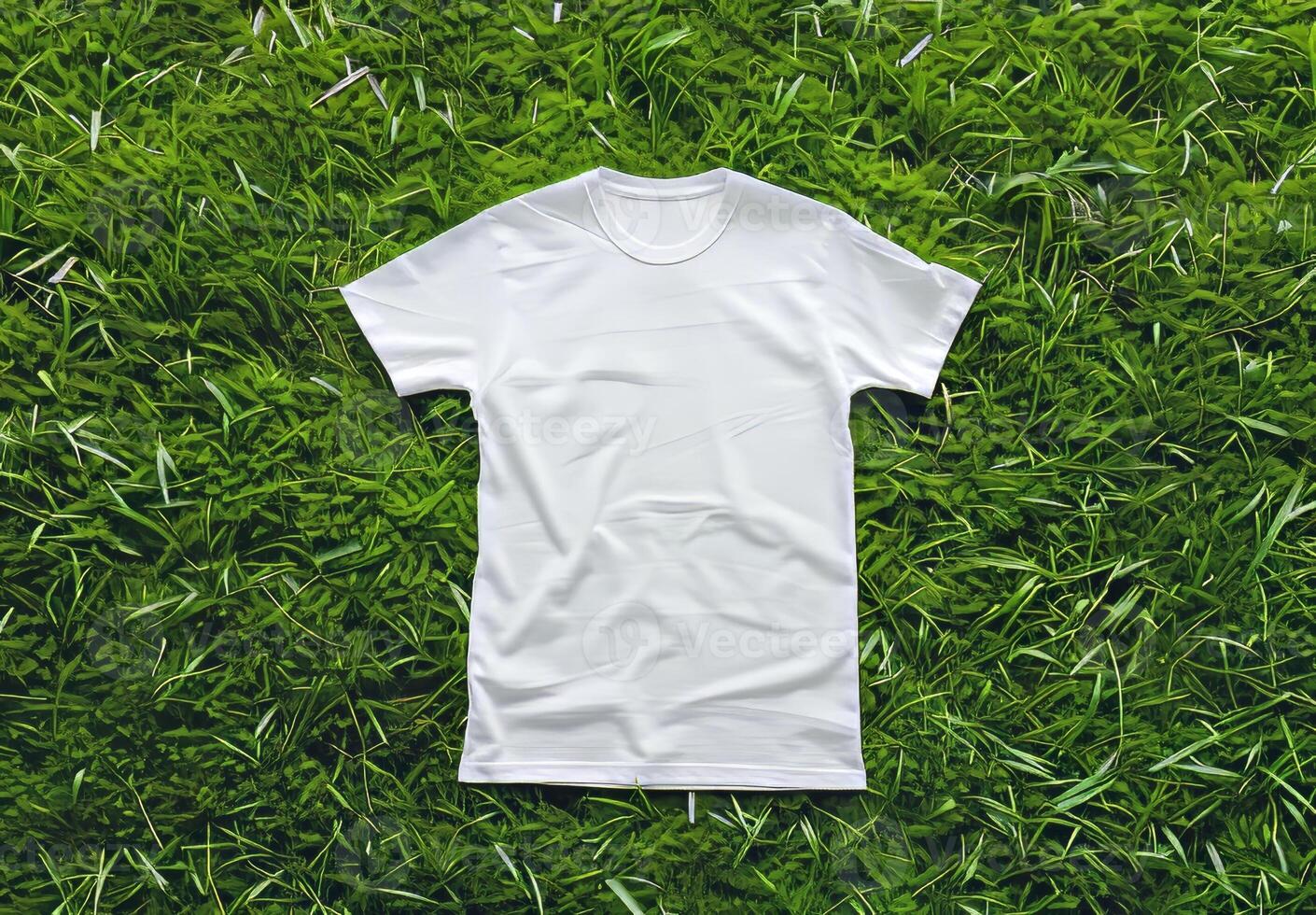White t-shirt on green park texture. Cotton tshirt in nature grass lawn background. Empty mock up cloth collection. Casual blank shirt textile. Mockup blank fashion meadow design photo