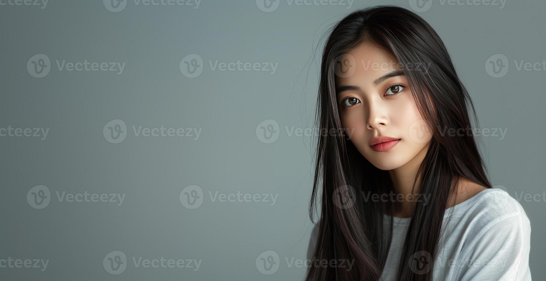 Asian girl, beauty attractive facial portrait with copyspace for banner. Female japanese young person with clear skin on grey background photo