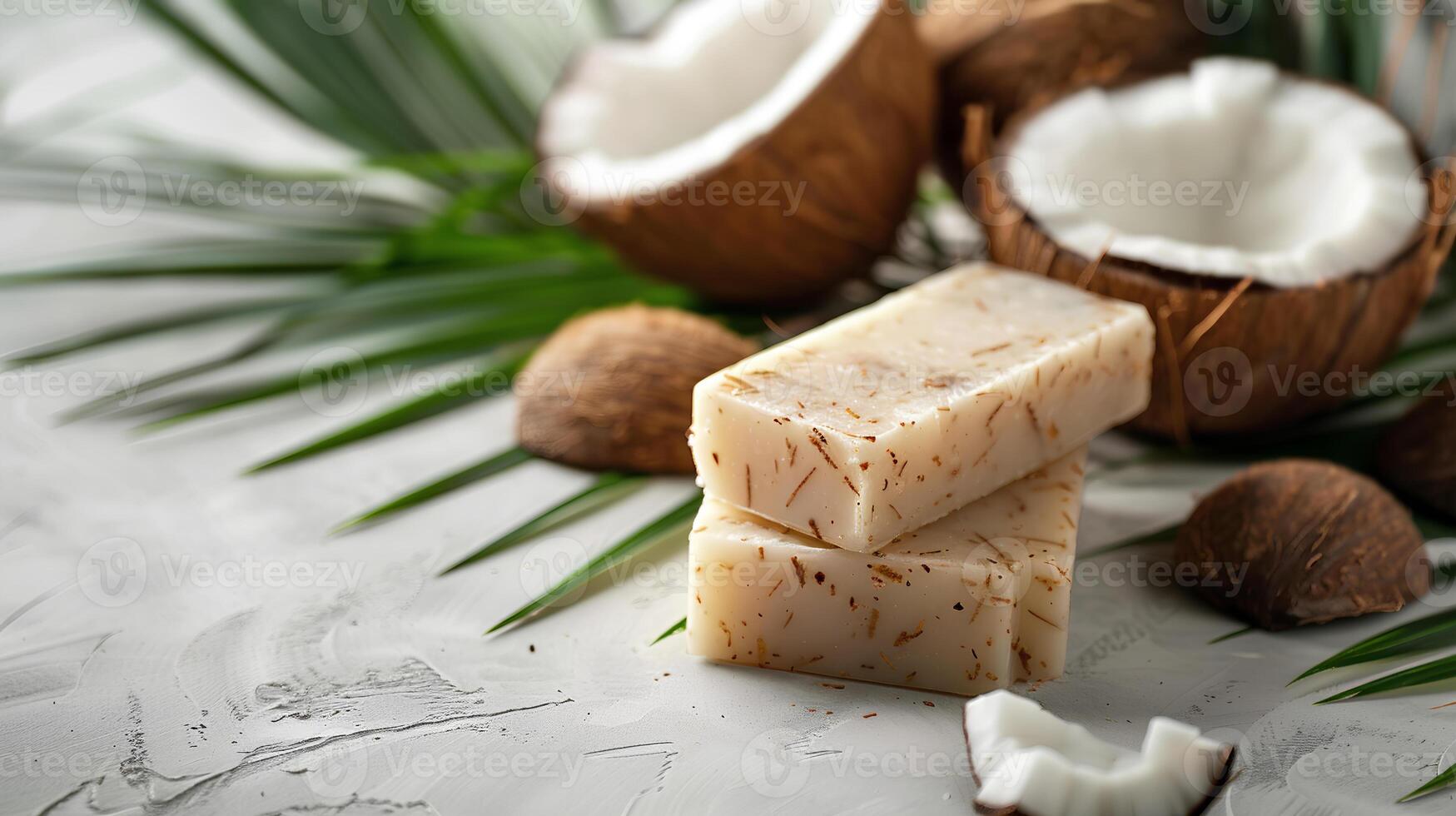 Natural coconut handmade soap bars on light background - natural skincare and hygiene concept. Space for text photo