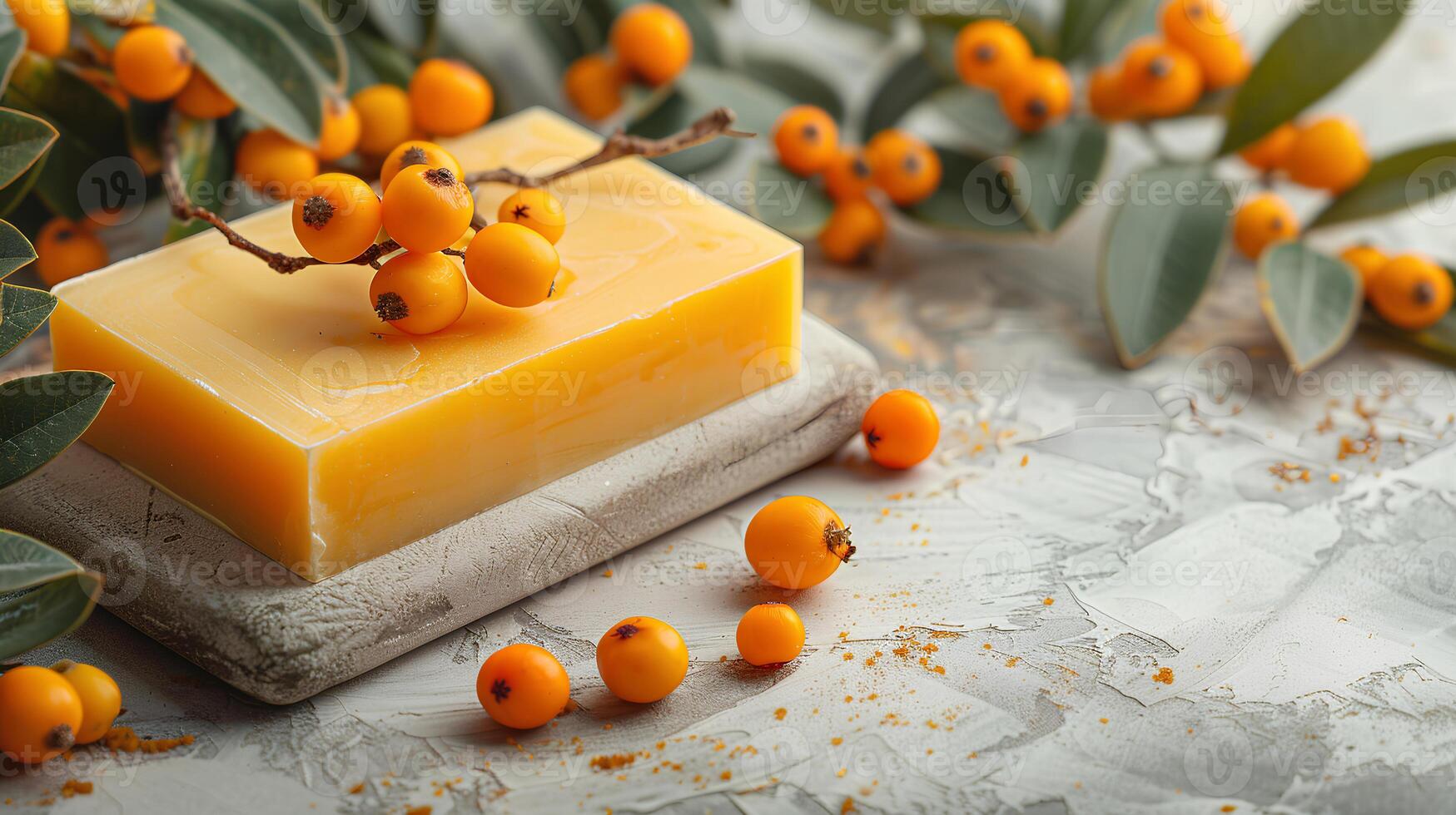 Natural buckthorn handmade soap bars on light background - natural skincare and hygiene concept. Space for text photo