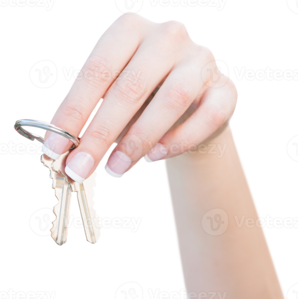 Female Hand Holding New House Keys Isolated. Transparent . png