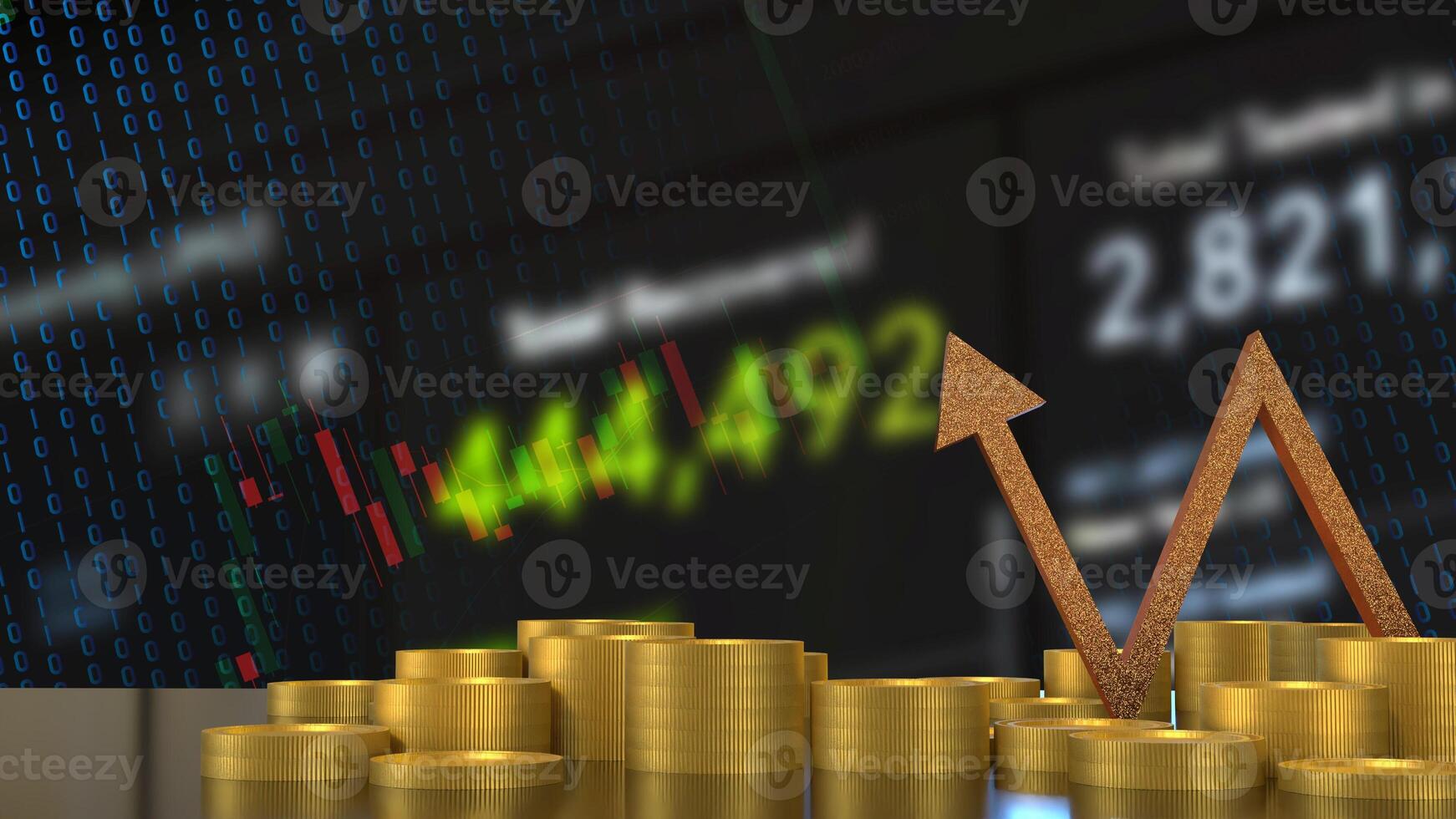 The Gold arrow and coins for Business concept 3d rendering. photo