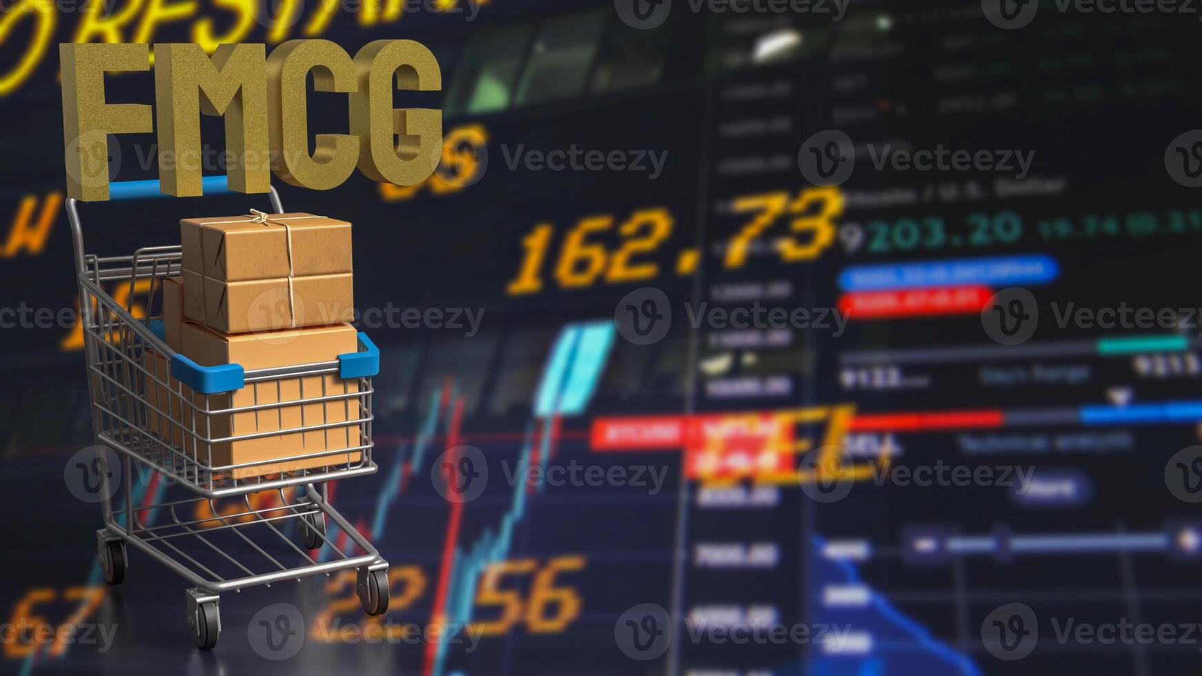 The FMCG text and shopping cart for Business concept 3d rendering. photo