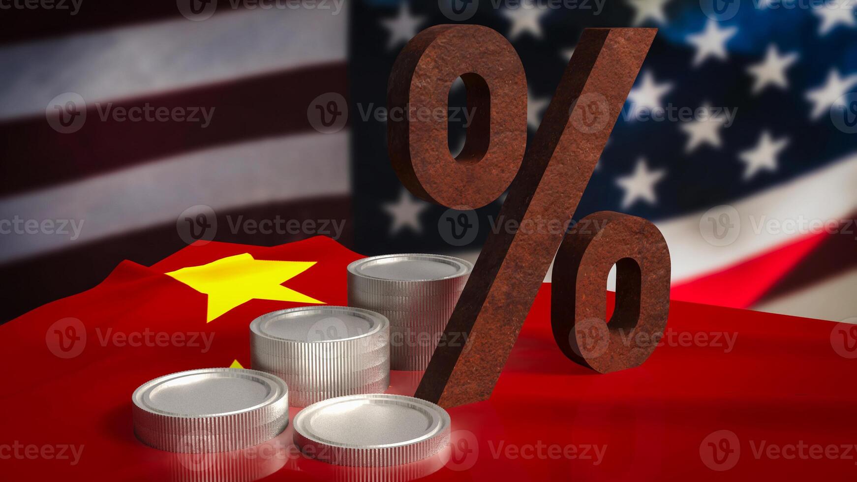 The rust percent and coins on Chinese and usa flag for tax or business concept 3d rendering. photo