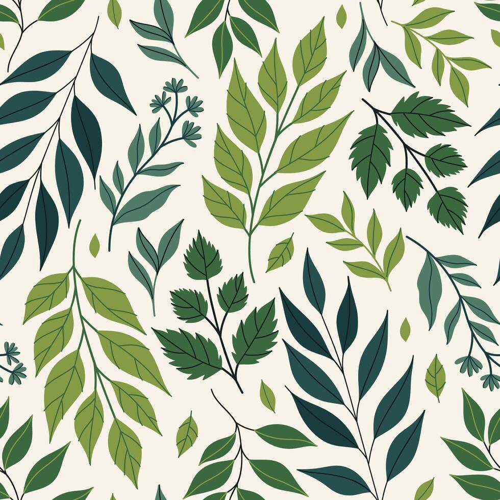 Seamless pattern with green leaves of different shapes on a white background. graphics. vector