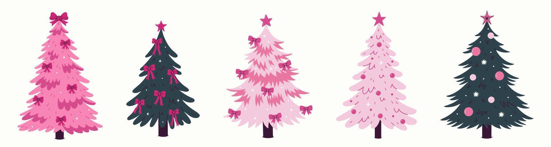 Collection of green and pink Christmas trees decorated with balls and bows. graphics. vector