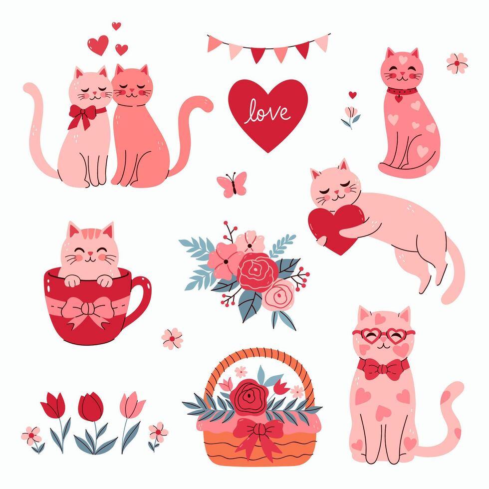 Set of cute cats and flowers for Valentine's Day. graphics. vector
