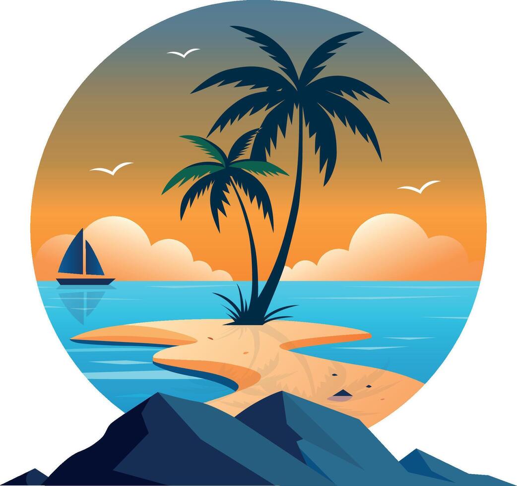 Sunset Silhouettes Beach Circle Art vector