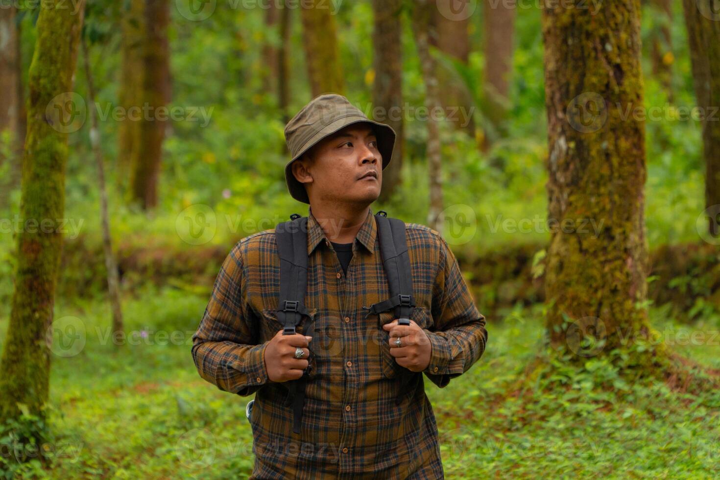 Half-body close-up of an adventurer in a dense and green pine forest. An Asian male traveler in a flannel shirt, bucket hat and backpack poses against a backdrop of dense pine trees. photo