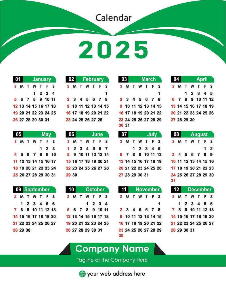 2025 Editable calendar, professional Annual Calendar 2025 date plan. Diary planner 2025 minimalist style. vector
