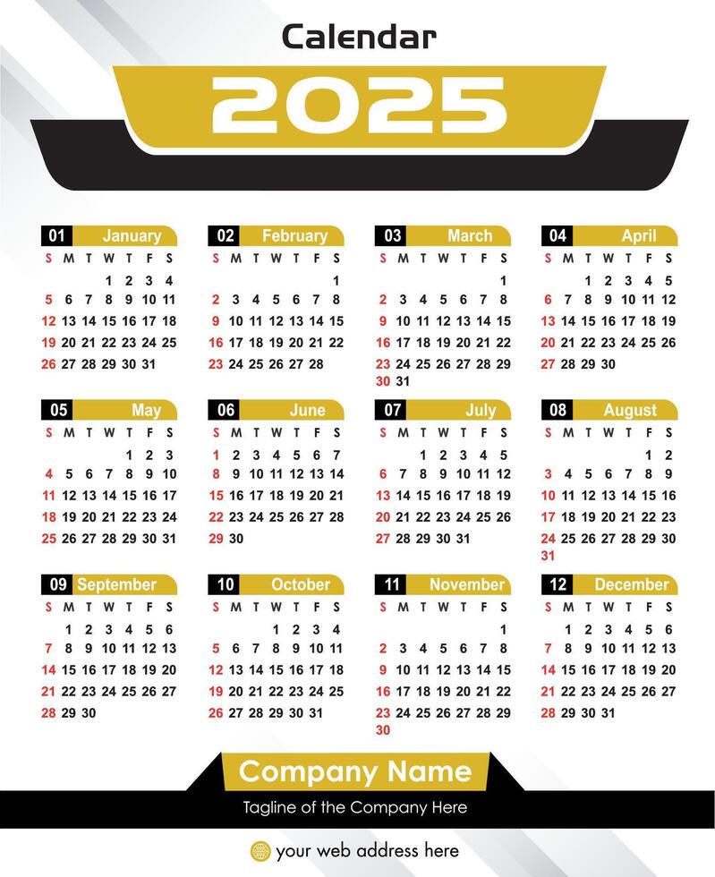 Editable calendar 2025 , professional Annual Calendar 2025 Template. Diary planner 2025. vector