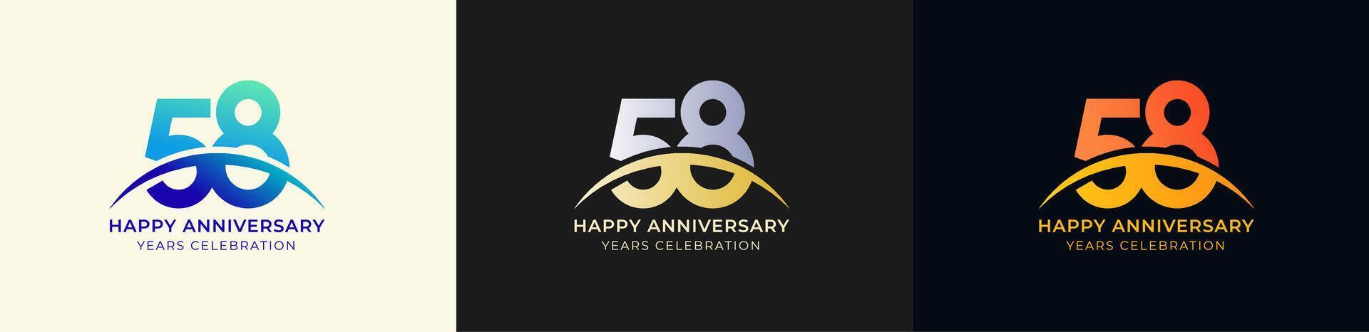 Logo Anniversary with Swoosh Sunrise 58th, 58th Happy Anniversary with Colorful Gradient, Luxury Gold and Silver. vector