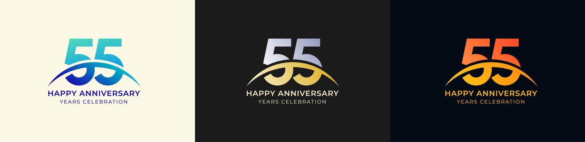 Logo Anniversary with Swoosh Sunrise 55th, 55th Happy Anniversary with Colorful Gradient, Luxury Gold and Silver. vector