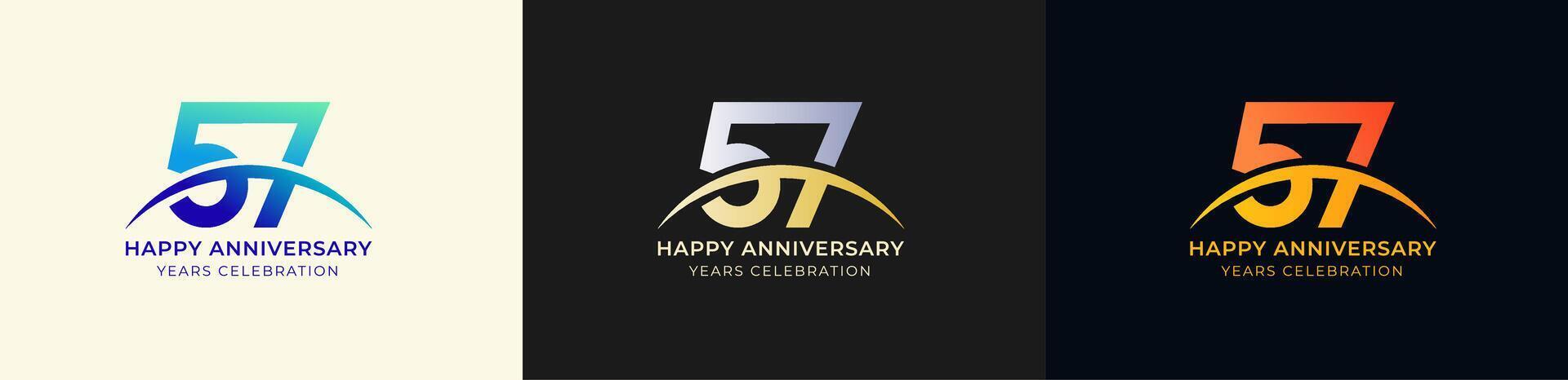 Logo Anniversary with Swoosh Sunrise 57th, 57th Happy Anniversary with Colorful Gradient, Luxury Gold and Silver. vector