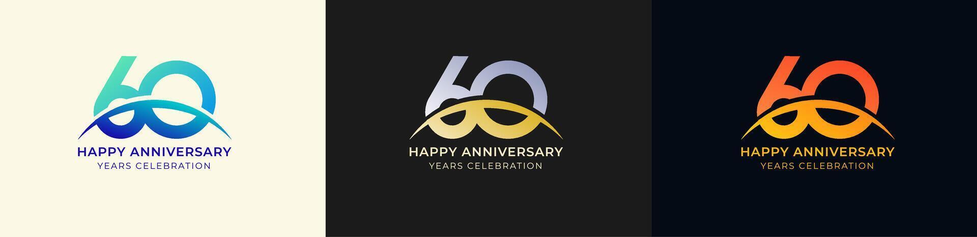 Logo Anniversary with Swoosh Sunrise 60th, 60th Happy Anniversary with Colorful Gradient, Luxury Gold and Silver. vector