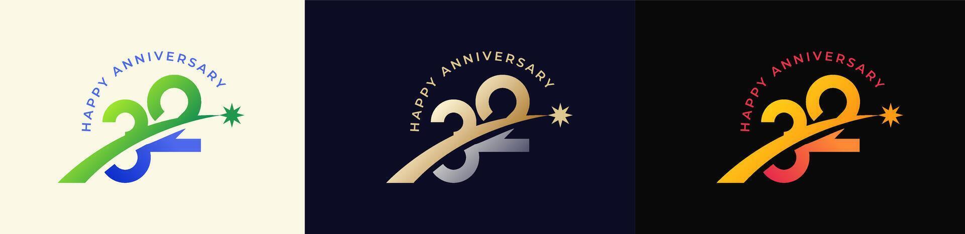 Logo Anniversary with Rising star 32th, 32th Happy Anniversary with Colorful Gradient, Luxury Gold and Silver. vector
