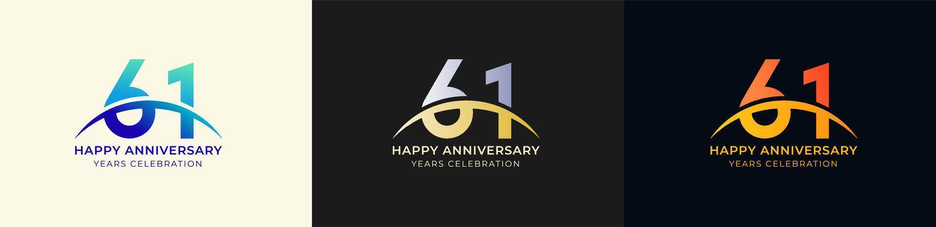 Logo Anniversary with Swoosh Sunrise 61th, 61th Happy Anniversary with Colorful Gradient, Luxury Gold and Silver. vector