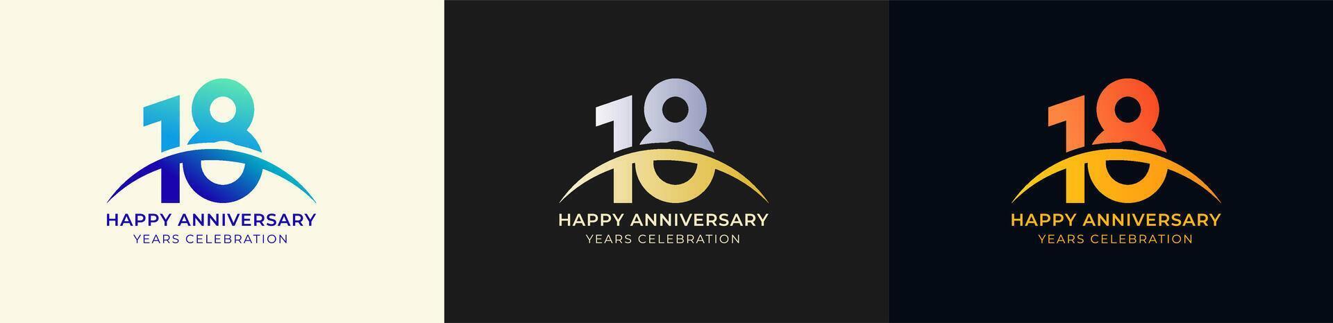 Logo Anniversary with Swoosh Sunrise 18th, 18th Happy Anniversary with Colorful Gradient, Luxury Gold and Silver. vector