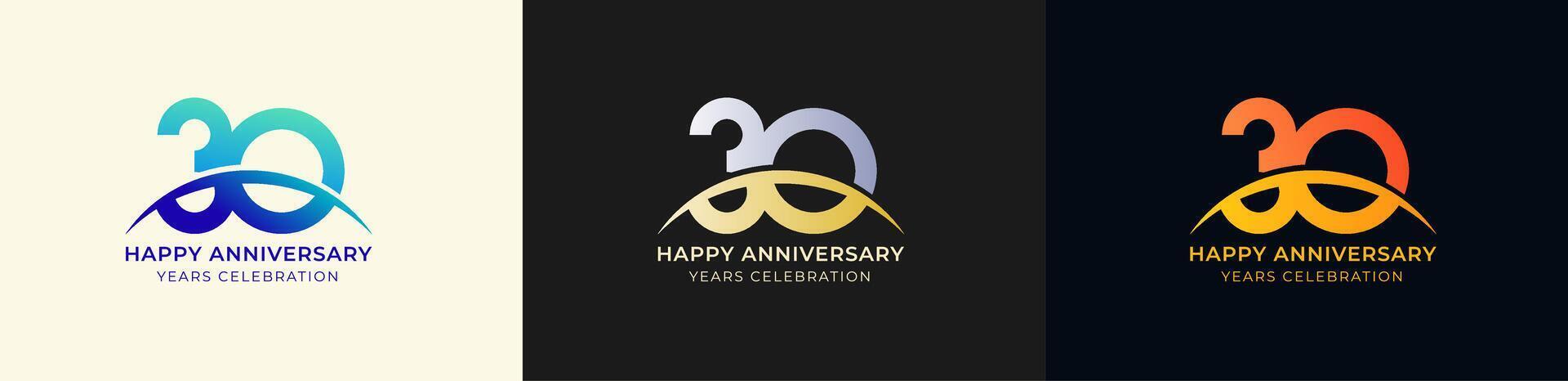 Logo Anniversary with Swoosh Sunrise 30th, 30th Happy Anniversary with Colorful Gradient, Luxury Gold and Silver. vector