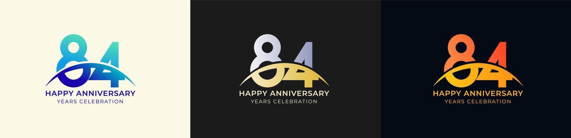 Logo Anniversary with Swoosh Sunrise 84th, 84th Happy Anniversary with Colorful Gradient, Luxury Gold and Silver. vector
