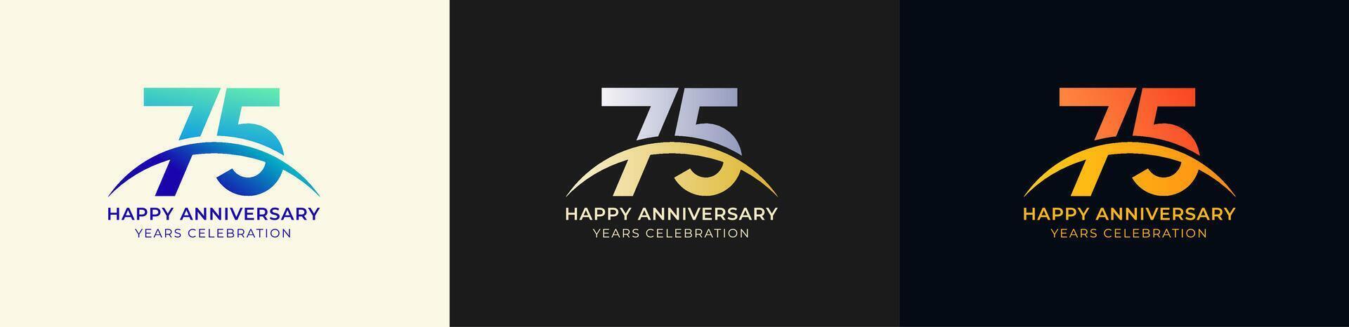 Logo Anniversary with Swoosh Sunrise 75th, 75th Happy Anniversary with Colorful Gradient, Luxury Gold and Silver. vector