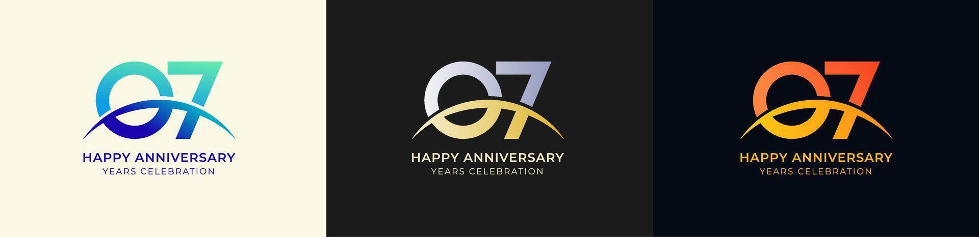 Logo Anniversary with Swoosh Sunrise 7th, 7th Happy Anniversary with Colorful Gradient, Luxury Gold and Silver. vector