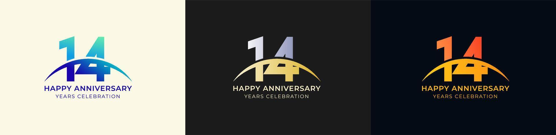 Logo Anniversary with Swoosh Sunrise 14th, 14th Happy Anniversary with Colorful Gradient, Luxury Gold and Silver. vector