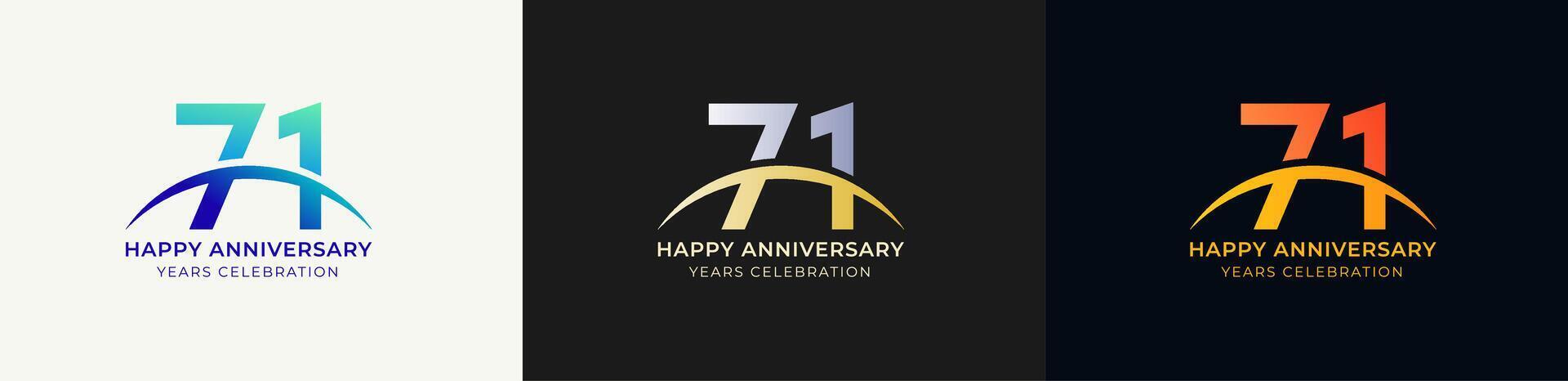 Logo Anniversary with Swoosh Sunrise 71th, 71th Happy Anniversary with Colorful Gradient, Luxury Gold and Silver. vector