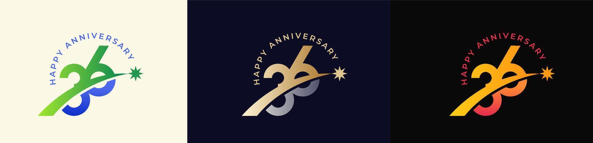 Logo Anniversary with Rising star 36th, 36th Happy Anniversary with Colorful Gradient, Luxury Gold and Silver. vector