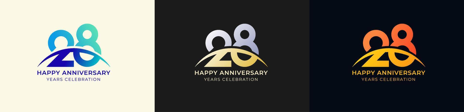 Logo Anniversary with Swoosh Sunrise 28th, 28th Happy Anniversary with Colorful Gradient, Luxury Gold and Silver. vector