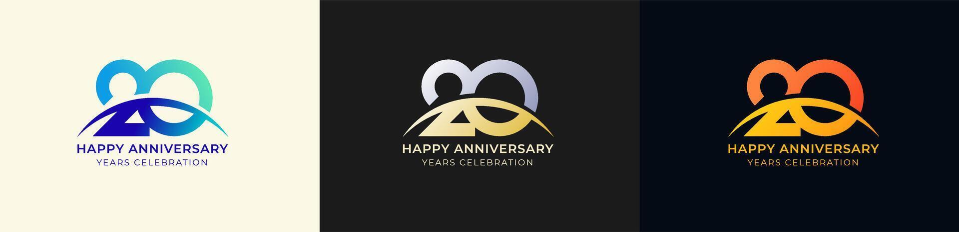 Logo Anniversary with Swoosh Sunrise 20th, 20th Happy Anniversary with Colorful Gradient, Luxury Gold and Silver. vector