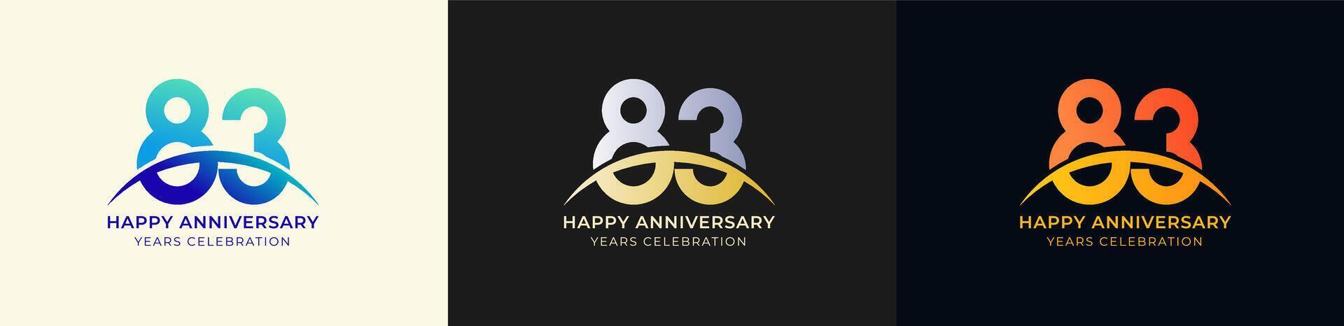 Logo Anniversary with Swoosh Sunrise 83th, 83th Happy Anniversary with Colorful Gradient, Luxury Gold and Silver. vector