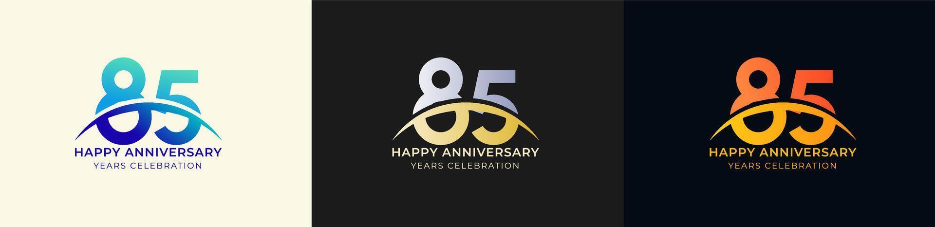 Logo Anniversary with Swoosh Sunrise 85th, 85th Happy Anniversary with Colorful Gradient, Luxury Gold and Silver. vector