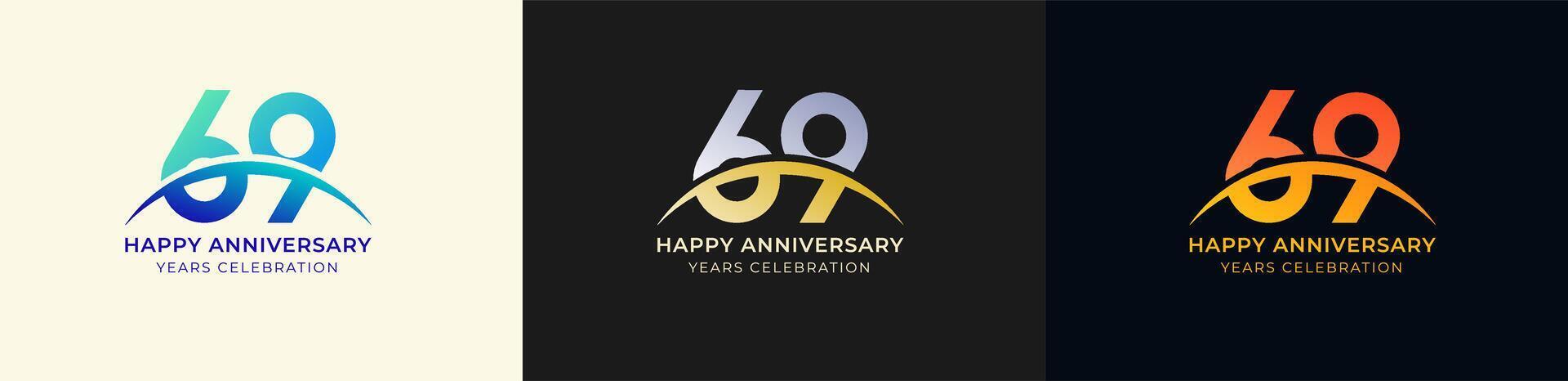 Logo Anniversary with Swoosh Sunrise 69th, 69th Happy Anniversary with Colorful Gradient, Luxury Gold and Silver. vector