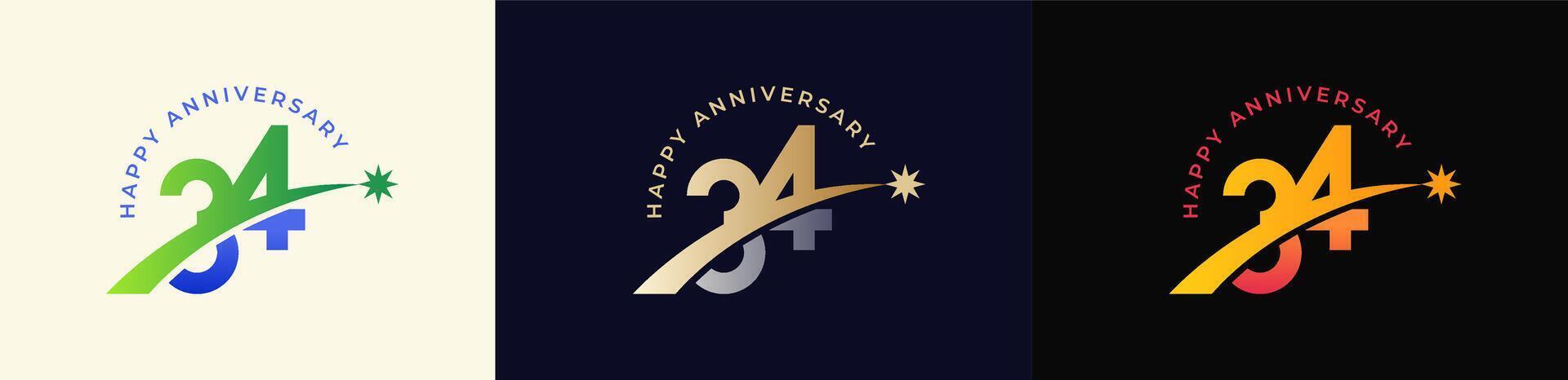 Logo Anniversary with Rising star 34th, 34th Happy Anniversary with Colorful Gradient, Luxury Gold and Silver. vector