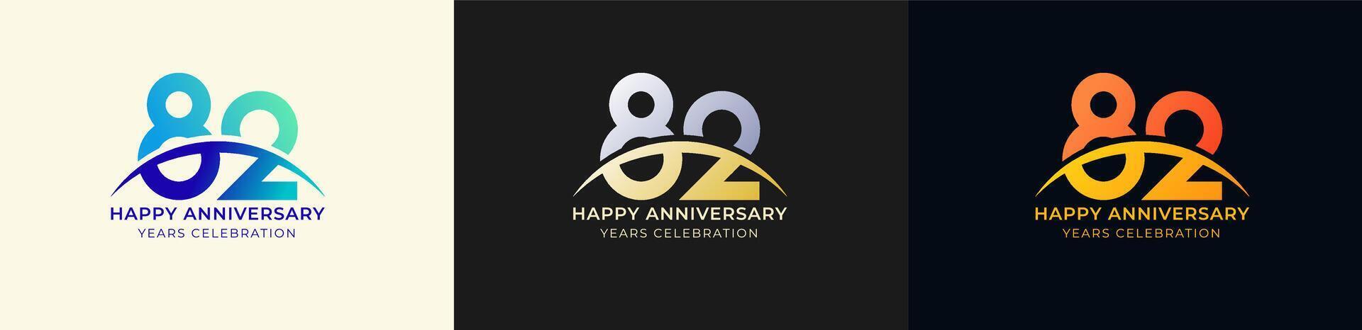Logo Anniversary with Swoosh Sunrise 82th, 82th Happy Anniversary with Colorful Gradient, Luxury Gold and Silver. vector