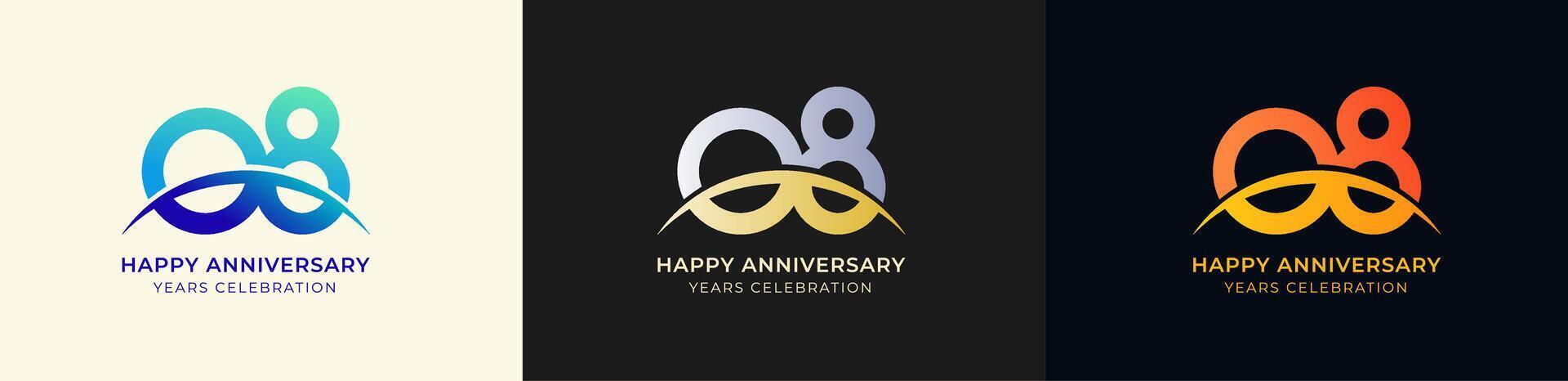 Logo Anniversary with Swoosh Sunrise 8th, 8th Happy Anniversary with Colorful Gradient, Luxury Gold and Silver. vector