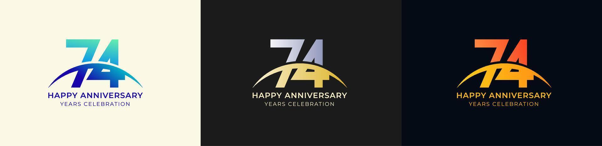 Logo Anniversary with Swoosh Sunrise 74th, 74th Happy Anniversary with Colorful Gradient, Luxury Gold and Silver. vector