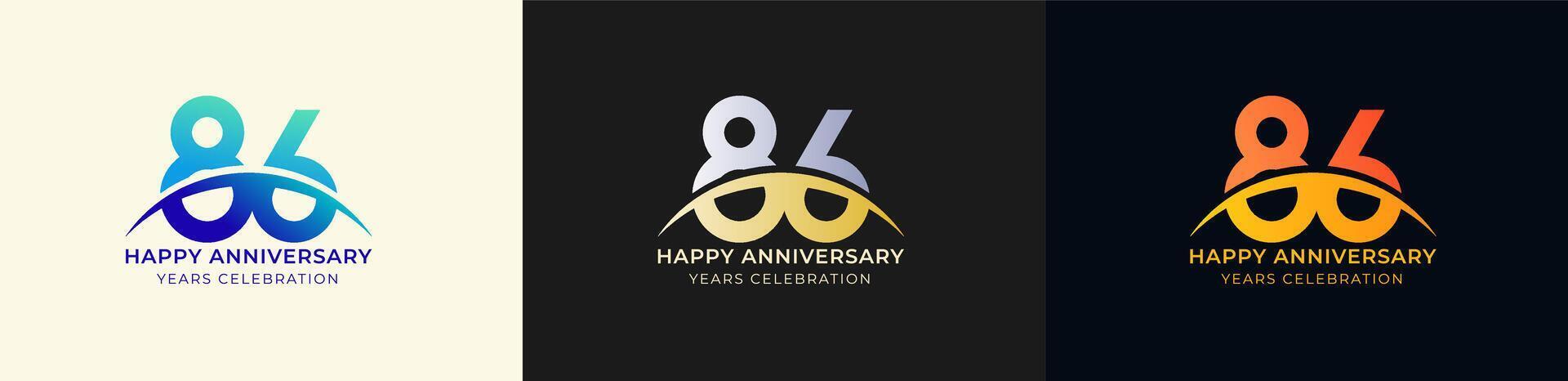 Logo Anniversary with Swoosh Sunrise 86th, 86th Happy Anniversary with Colorful Gradient, Luxury Gold and Silver. vector