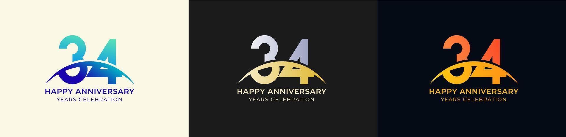 Logo Anniversary with Swoosh Sunrise 34th, 34th Happy Anniversary with Colorful Gradient, Luxury Gold and Silver. vector